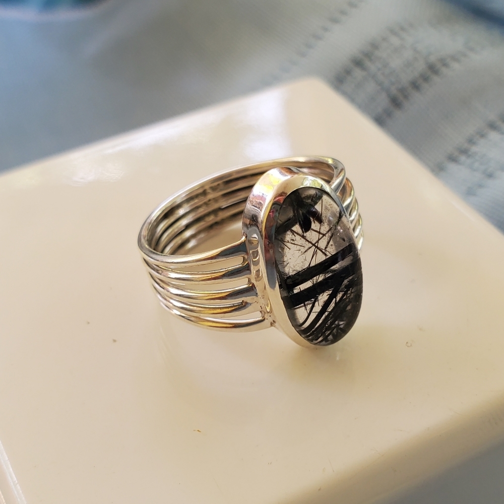 Natural Tourmalated Quartz/Black Rutile - Sri Lanka 925 Silver Ring sz 5.5 J-478